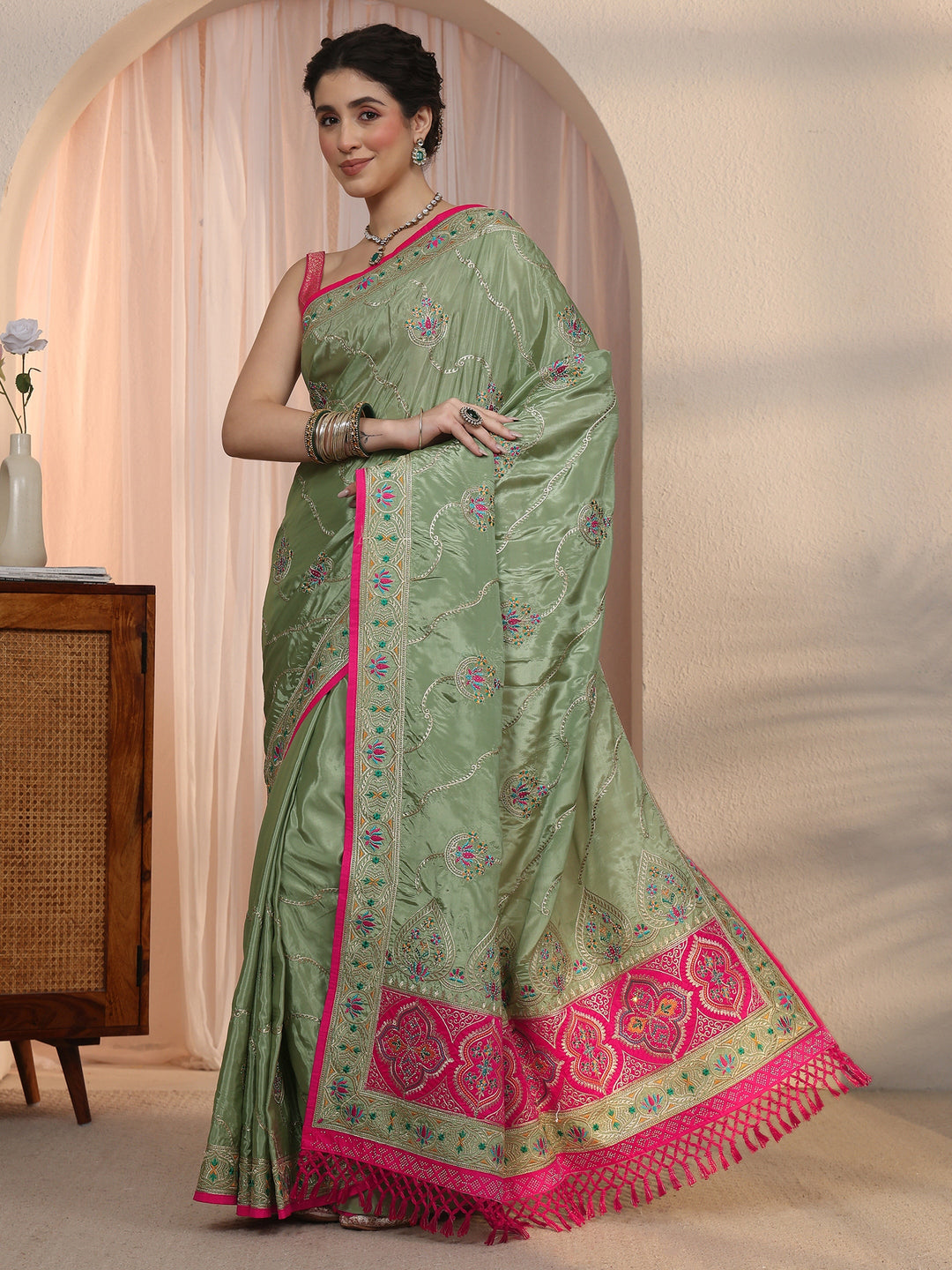 Libas Green Floral Embroidered Satin Tassel Saree
