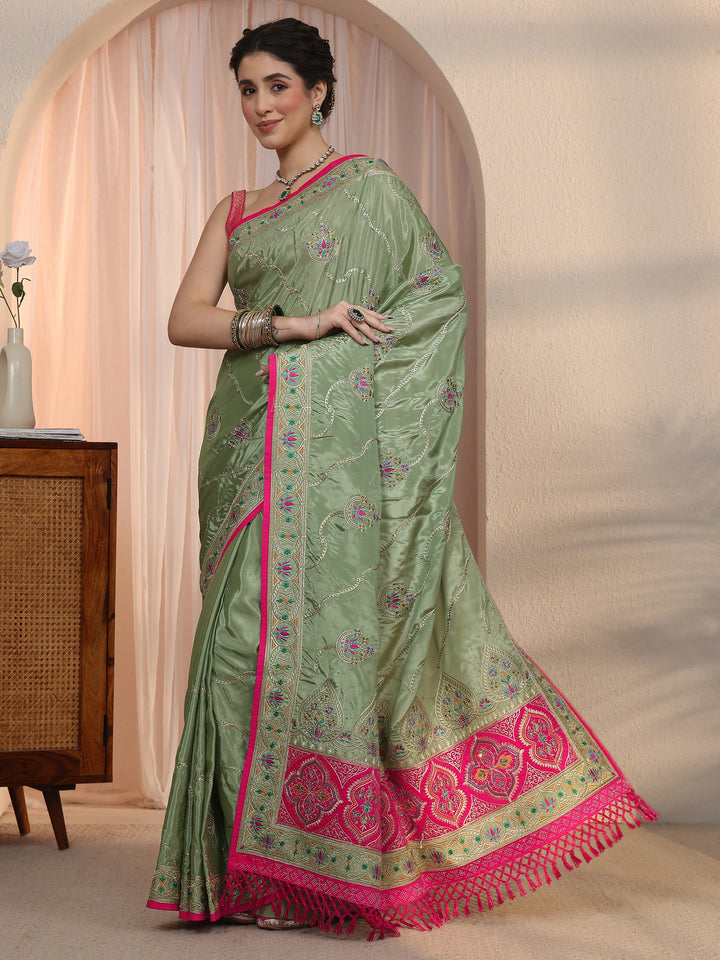 Libas Green Floral Embroidered Satin Tassel Saree