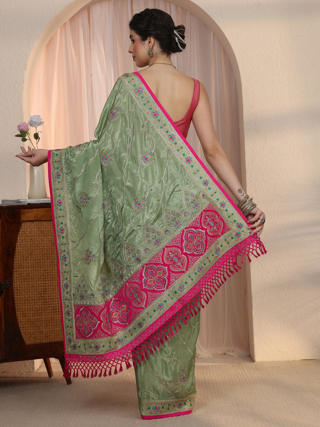 Libas Green Floral Embroidered Satin Tassel Saree
