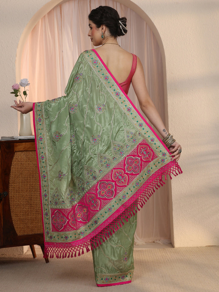Libas Green Floral Embroidered Satin Tassel Saree