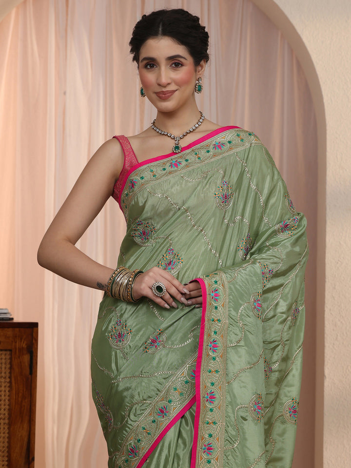 Libas Green Floral Embroidered Satin Tassel Saree