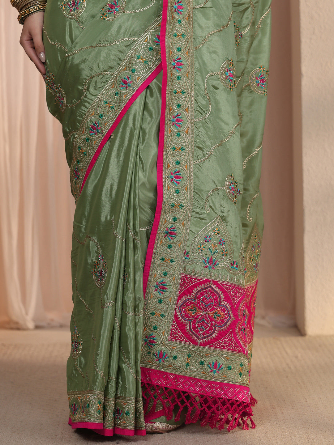 Libas Green Floral Embroidered Satin Tassel Saree