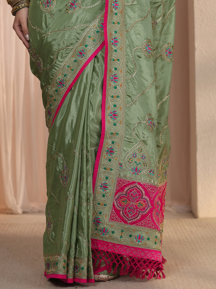 Libas Green Floral Embroidered Satin Tassel Saree