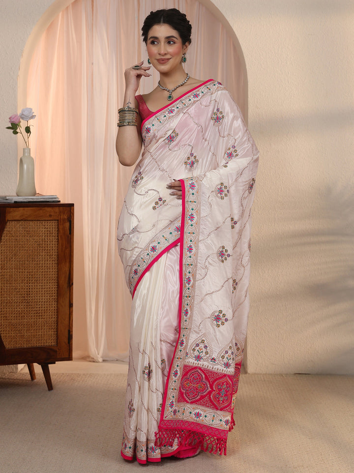 Libas Cream Floral Embroidered Satin Tassel Saree