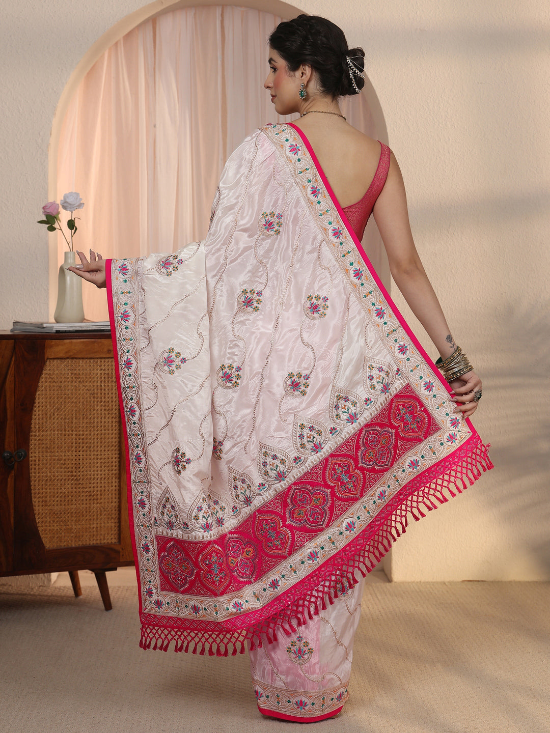 Libas Cream Floral Embroidered Satin Tassel Saree