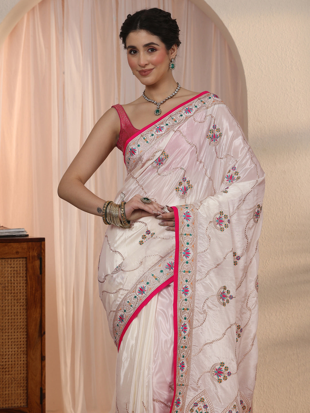 Libas Cream Floral Embroidered Satin Tassel Saree