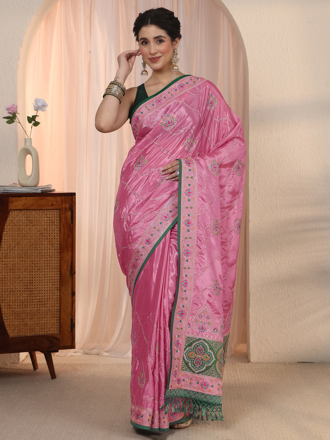 Libas Pink Floral Embroidered Satin Tassel Saree