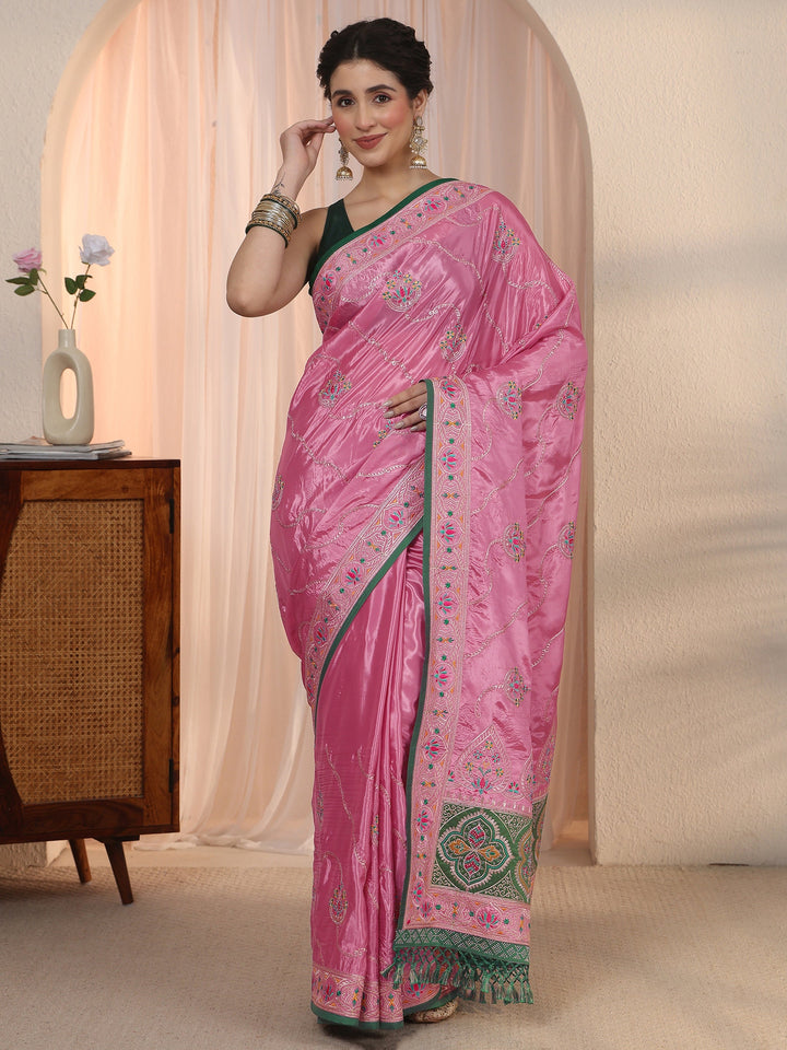 Libas Pink Floral Embroidered Satin Tassel Saree