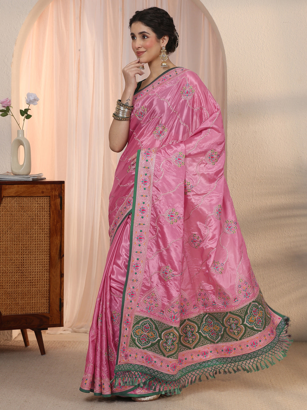 Libas Pink Floral Embroidered Satin Tassel Saree