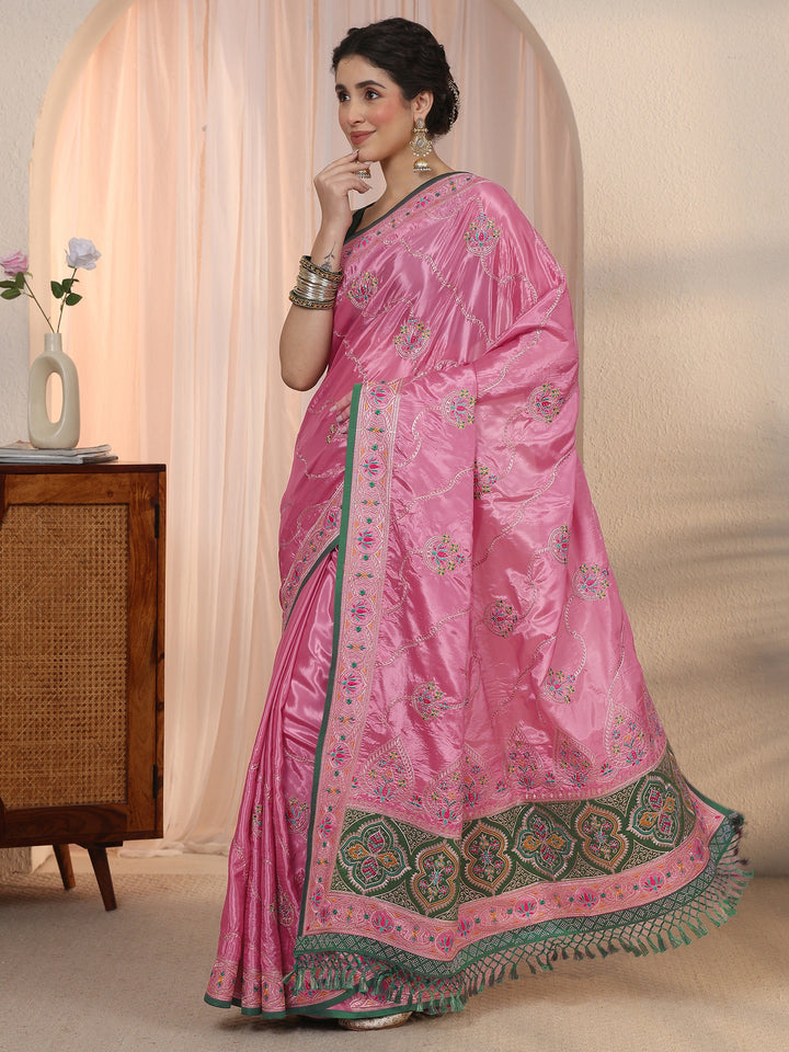 Libas Pink Floral Embroidered Satin Tassel Saree