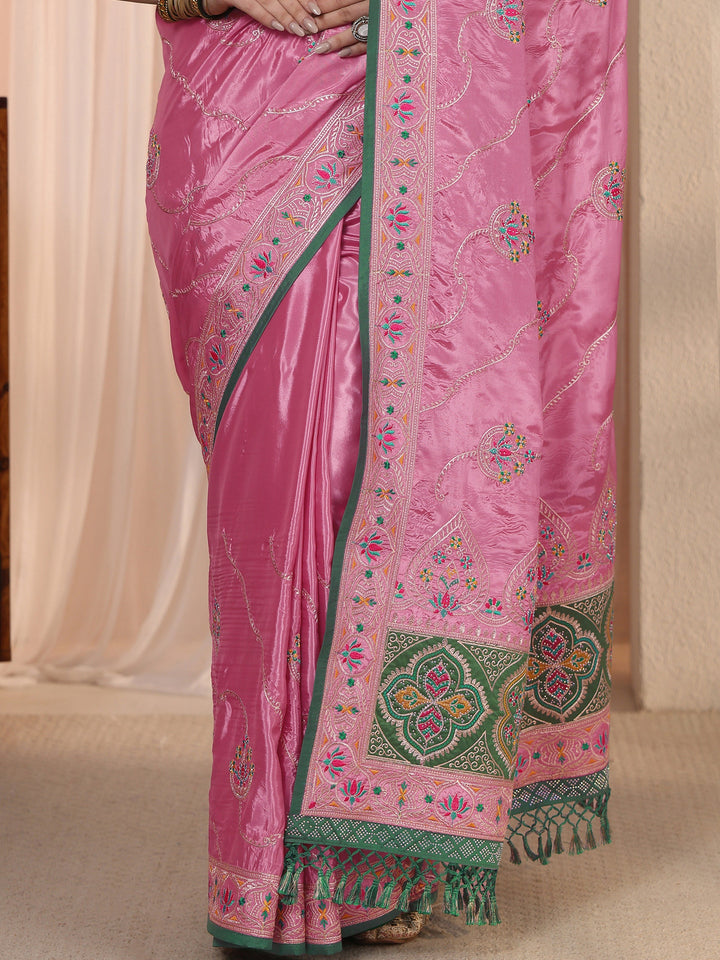 Libas Pink Floral Embroidered Satin Tassel Saree