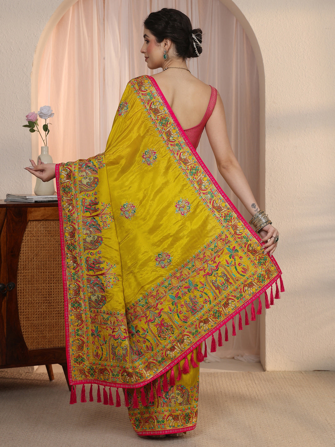 Libas Mustard Mughal Embroidered Satin Tassel Saree
