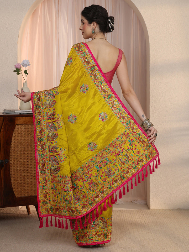Libas Mustard Mughal Embroidered Satin Tassel Saree