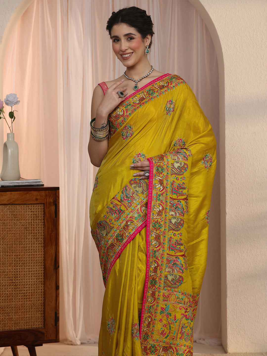 Libas Mustard Mughal Embroidered Satin Tassel Saree