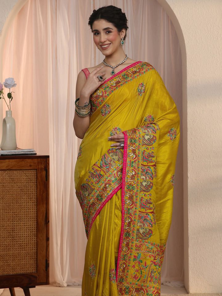 Libas Mustard Mughal Embroidered Satin Tassel Saree