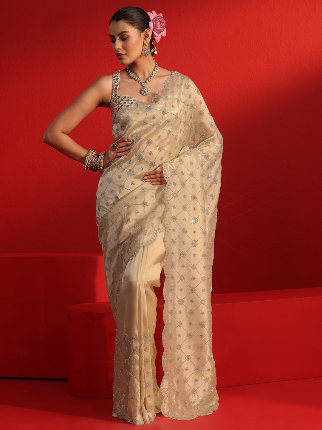 Libas Art Taupe Stone Work Embellished Tissue Saree