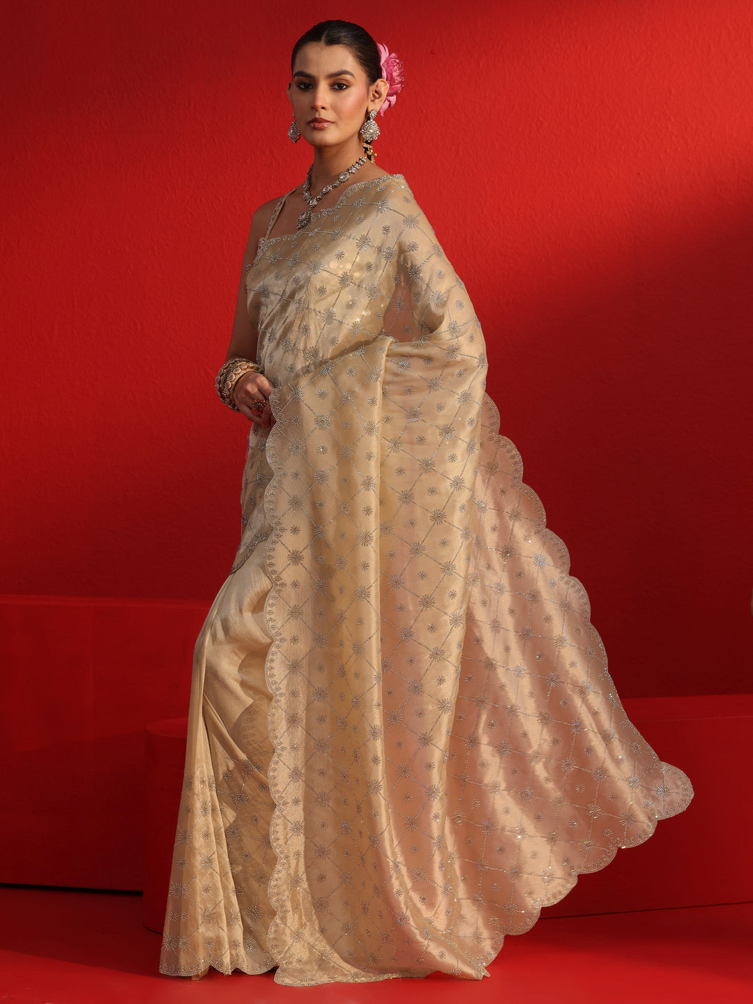 Libas Art Taupe Stone Work Embellished Tissue Saree