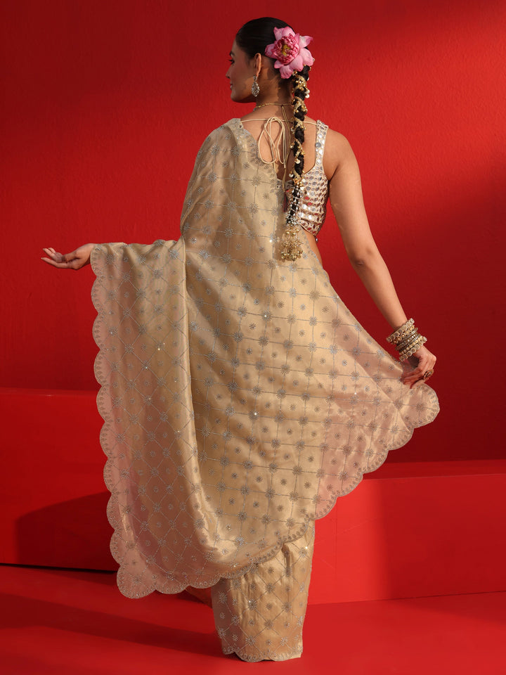 Libas Art Taupe Stone Work Embellished Tissue Saree