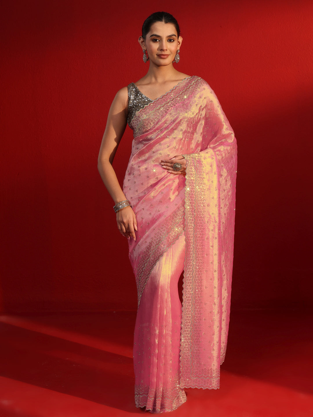 Libas Art Pink Stone Work Embellished Tissue Saree