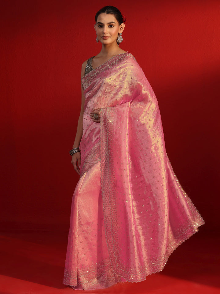 Libas Art Pink Stone Work Embellished Tissue Saree