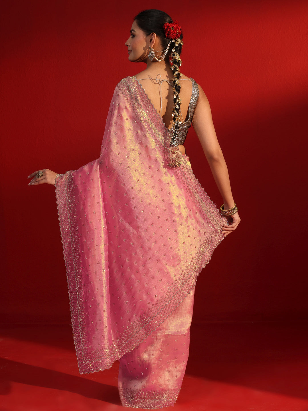 Libas Art Pink Stone Work Embellished Tissue Saree