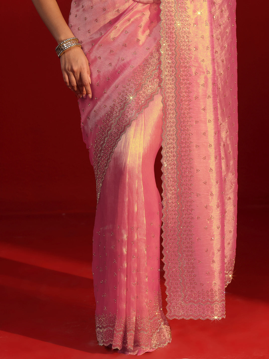 Libas Art Pink Stone Work Embellished Tissue Saree