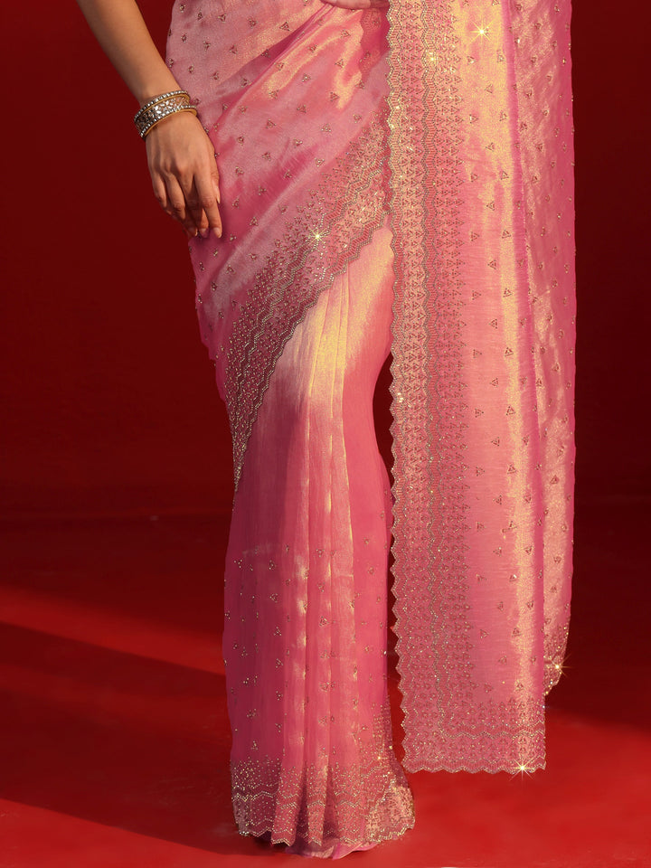 Libas Art Pink Stone Work Embellished Tissue Saree