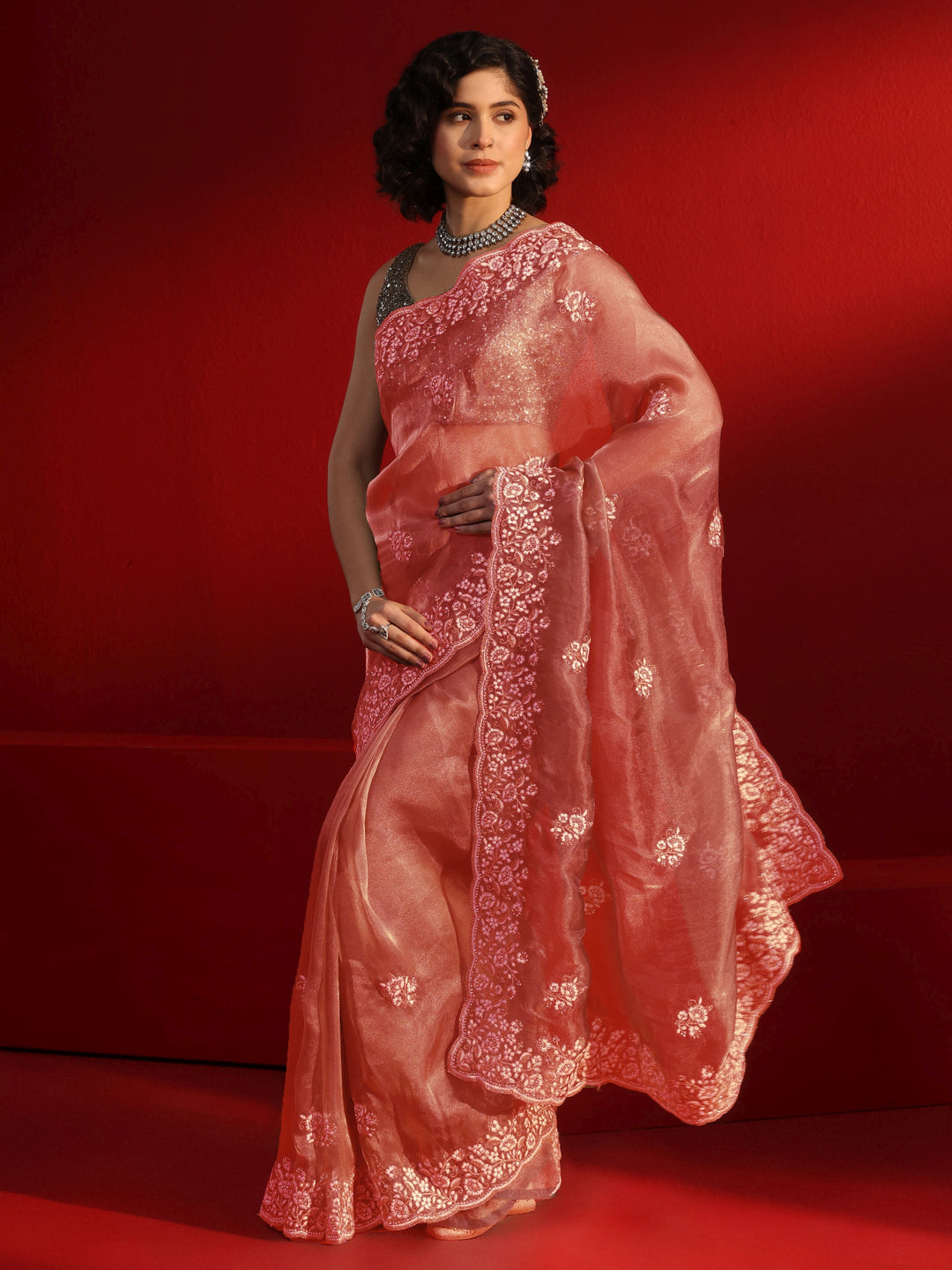 Libas Peach Floral Embroidered Tissue Saree