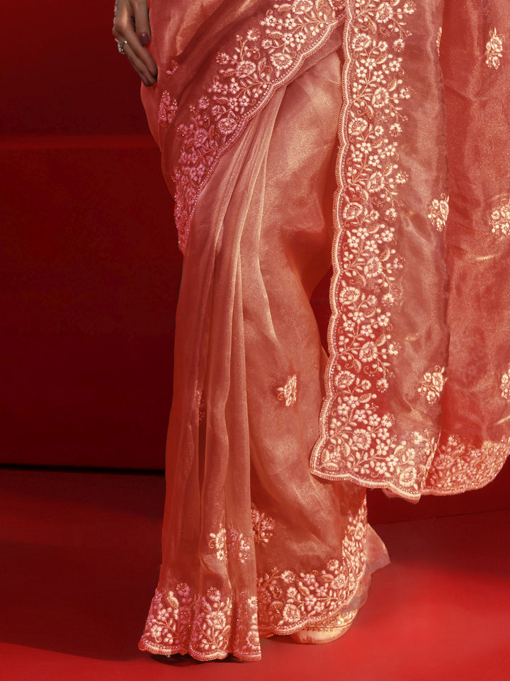 Libas Peach Floral Embroidered Tissue Saree