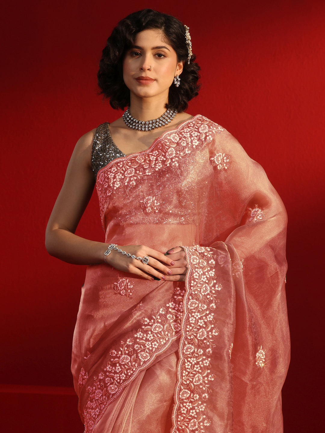 Libas Peach Floral Embroidered Tissue Saree