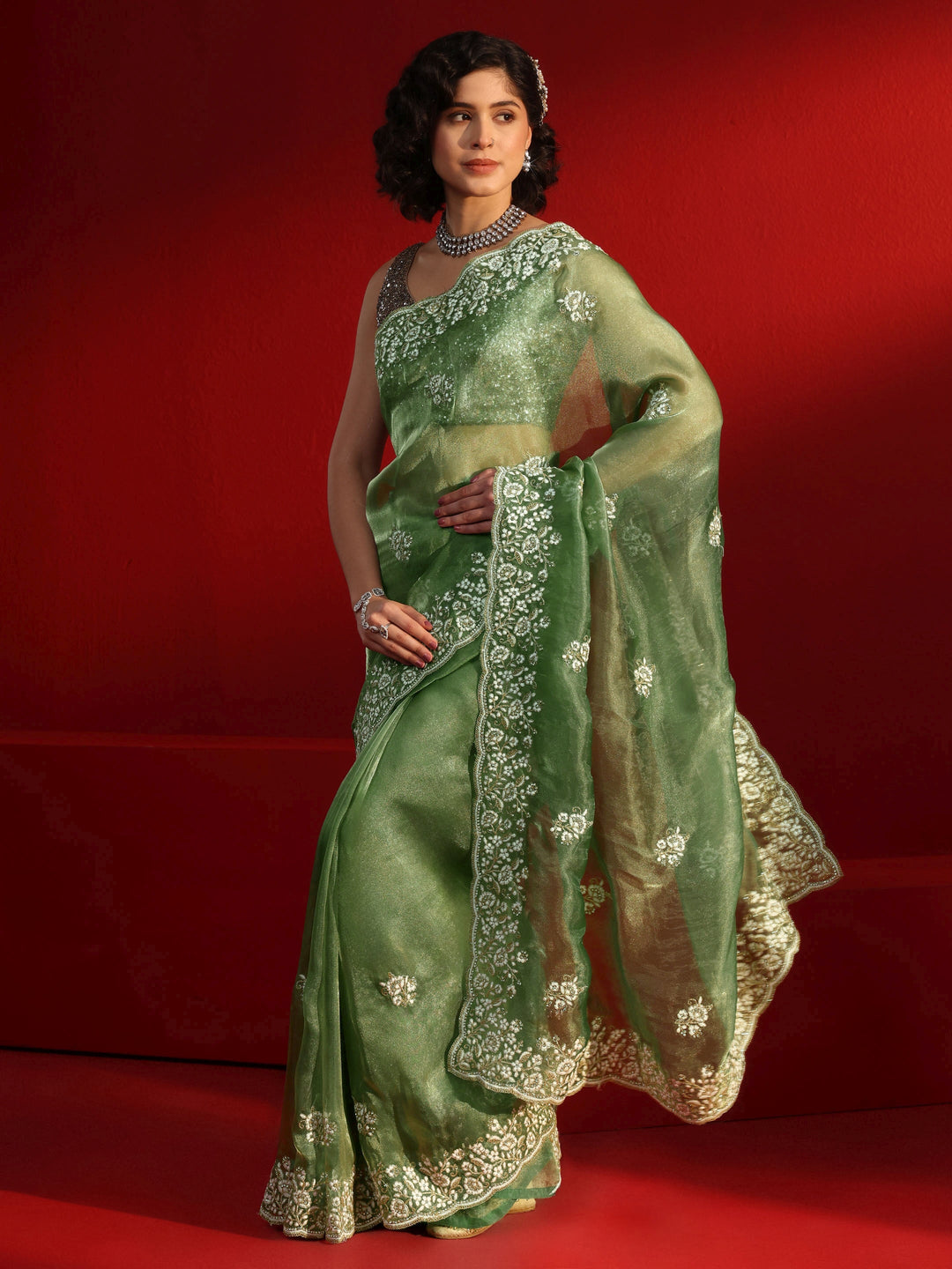 Libas Green Floral Embroidered Tissue Saree