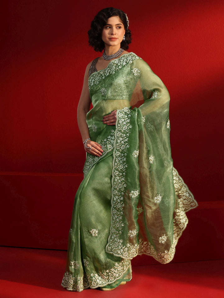 Libas Green Floral Embroidered Tissue Saree
