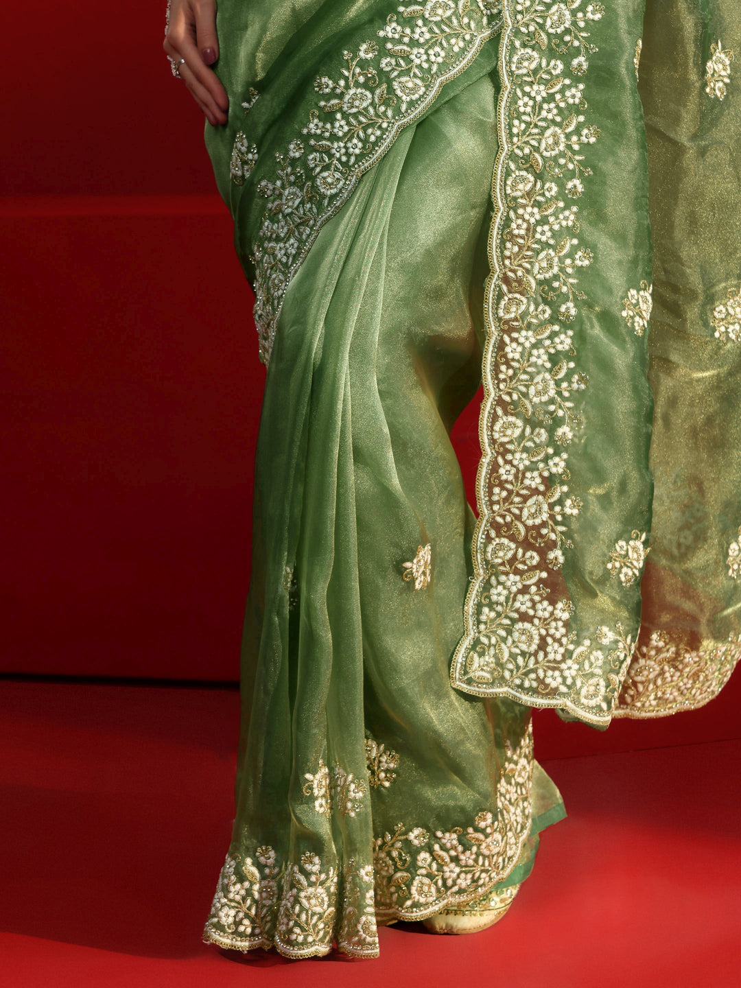 Libas Green Floral Embroidered Tissue Saree
