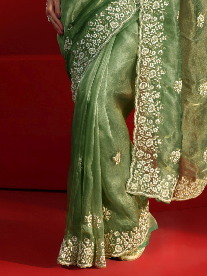 Libas Green Floral Embroidered Tissue Saree