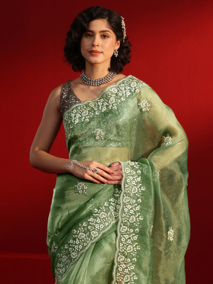 Libas Green Floral Embroidered Tissue Saree