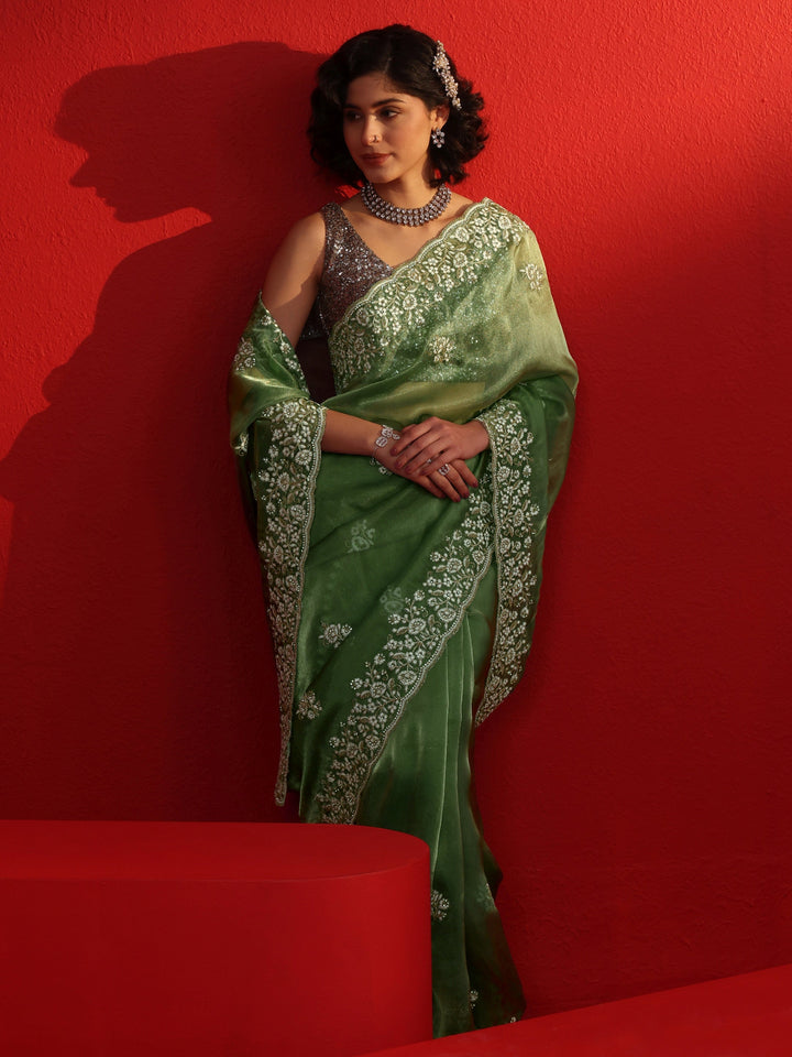 Libas Green Floral Embroidered Tissue Saree