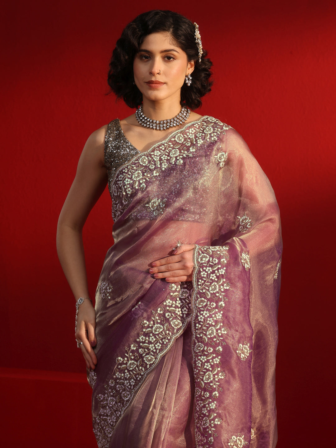 Libas Purple Gharchola Stone Work Tissue Saree