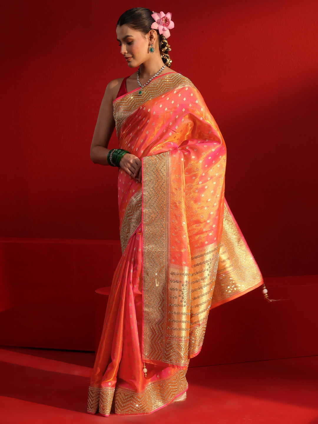 Libas Art Orange Woven Design Silk Blend Saree with Embellished Border