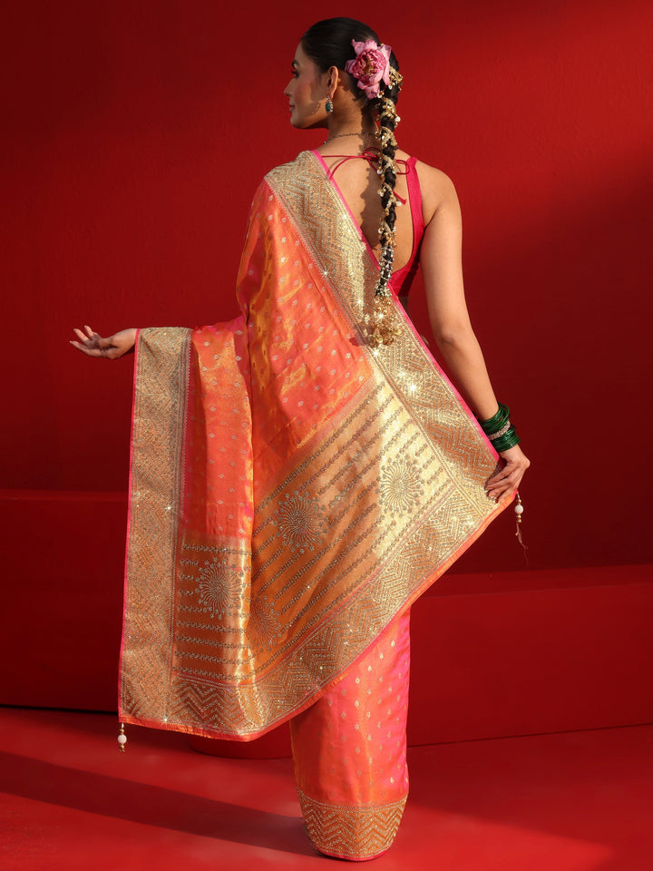 Libas Art Orange Woven Design Silk Blend Saree with Embellished Border