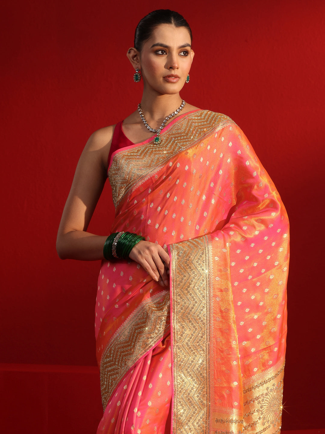 Libas Art Orange Woven Design Silk Blend Saree with Embellished Border