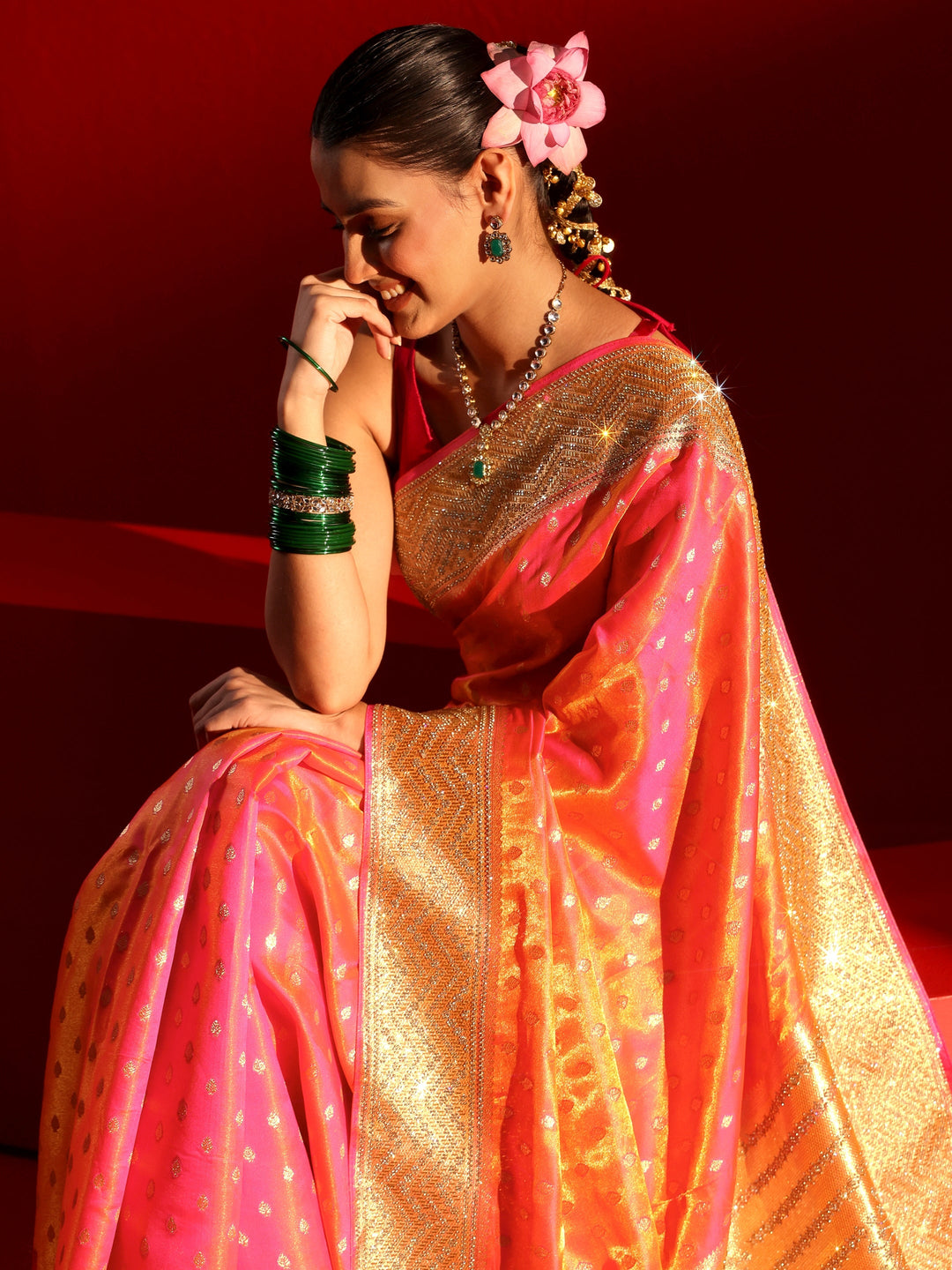 Libas Art Orange Woven Design Silk Blend Saree with Embellished Border