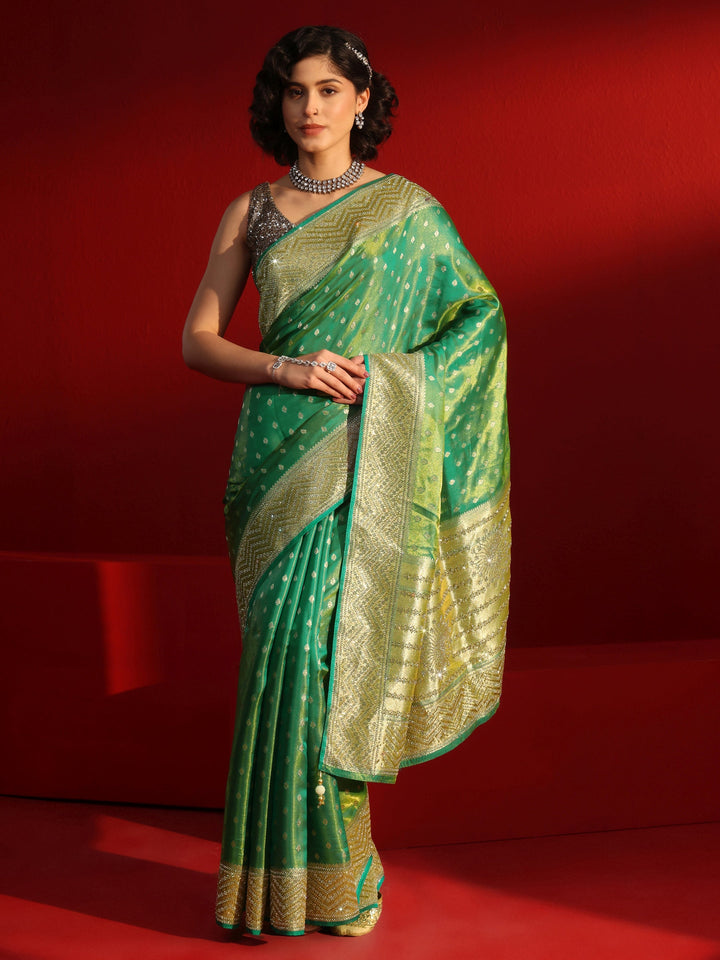 Libas Art Green Woven Design Silk Blend Saree with Embellished Border