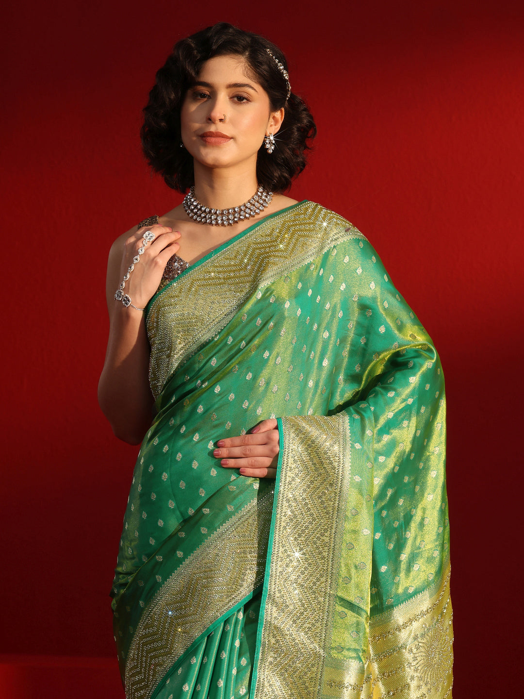 Libas Art Green Woven Design Silk Blend Saree with Embellished Border