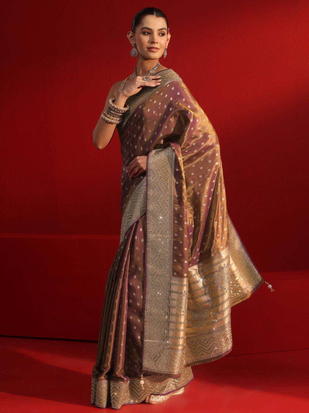 Libas Art Wine Woven Design Silk Blend Saree with Embellished Border