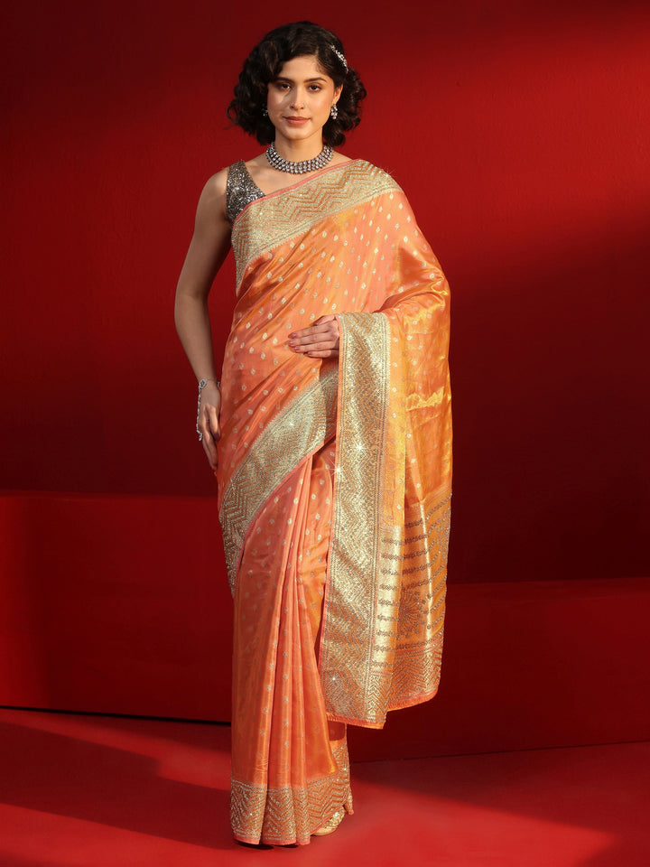 Libas Art Peach Woven Design Silk Blend Saree with Embellished Border