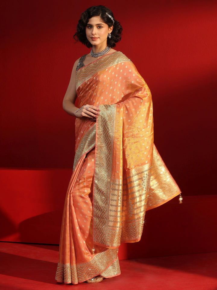 Libas Art Peach Woven Design Silk Blend Saree with Embellished Border