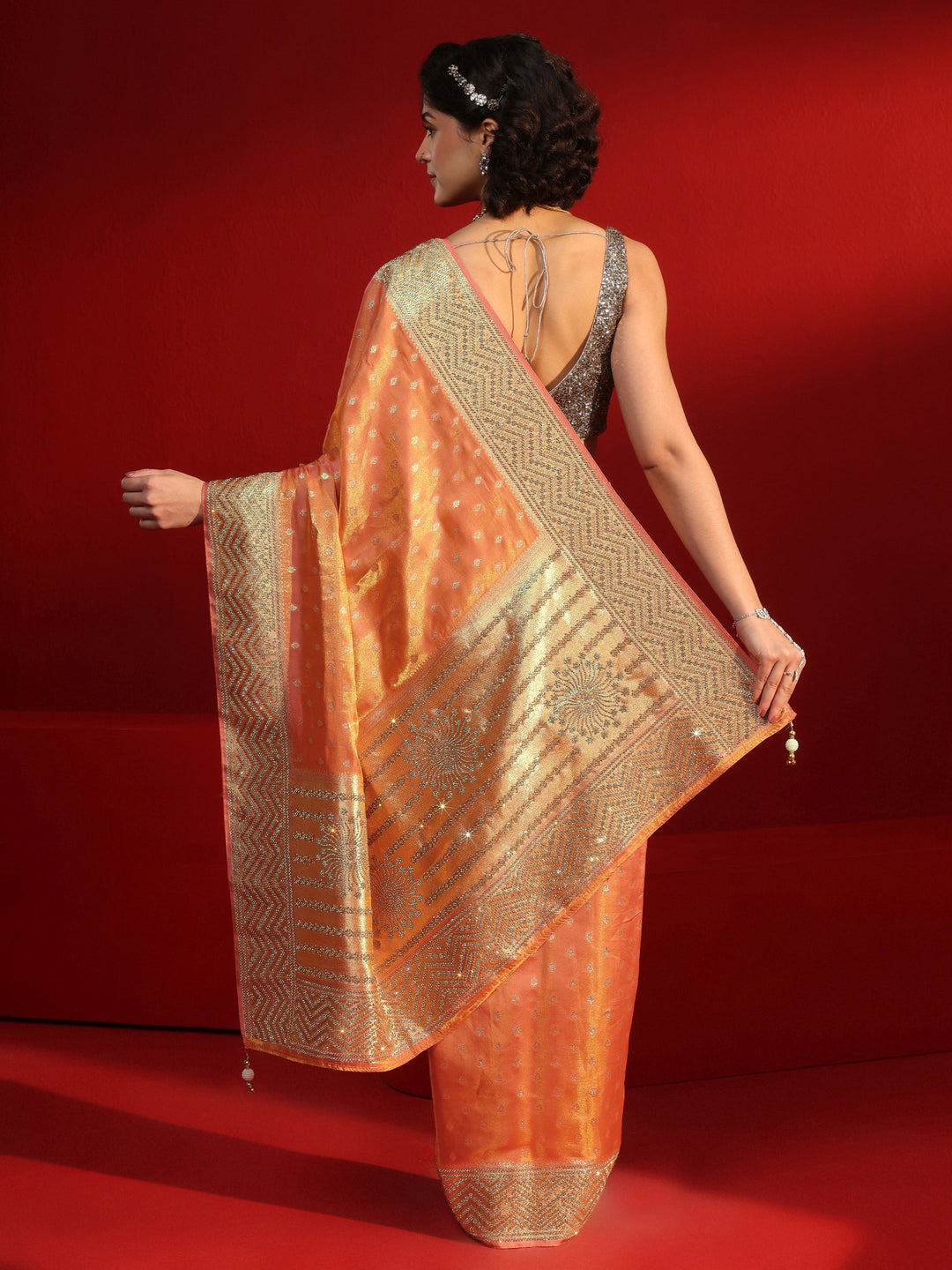 Libas Art Peach Woven Design Silk Blend Saree with Embellished Border