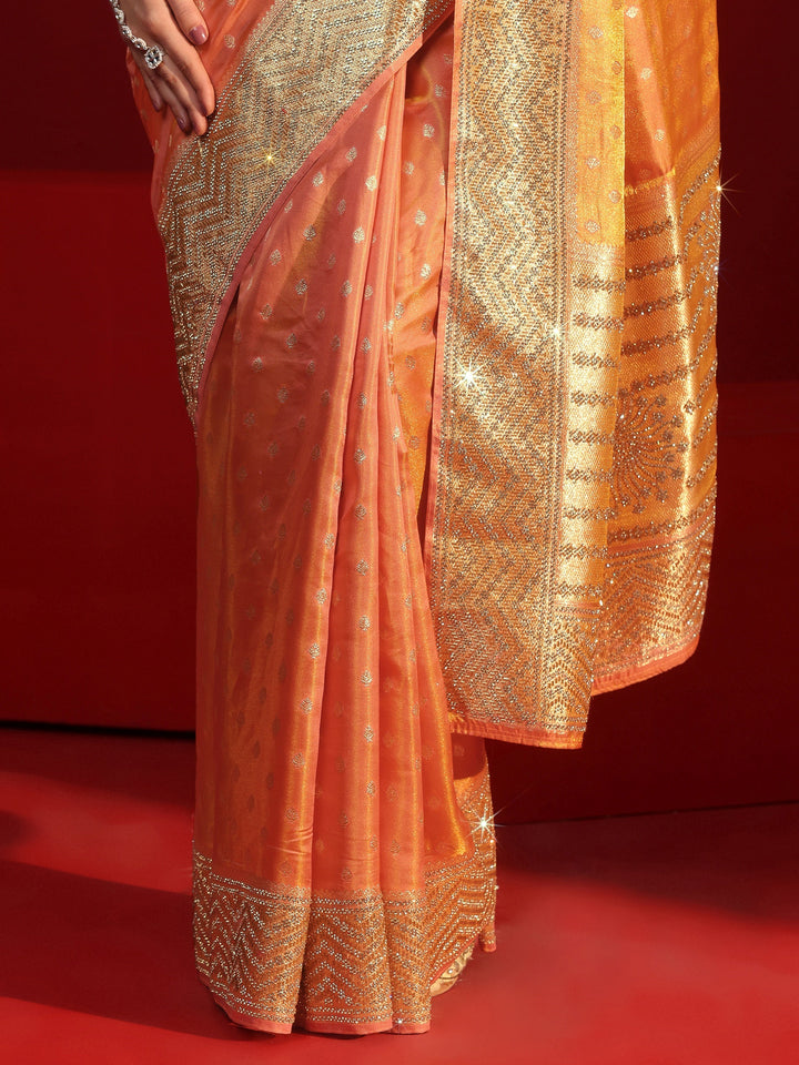 Libas Art Peach Woven Design Silk Blend Saree with Embellished Border