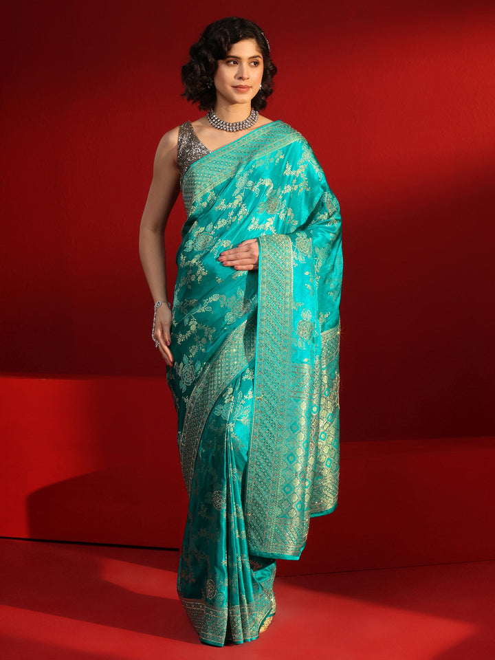 Libas Art Sea Green Woven Design Stone Work Satin Saree