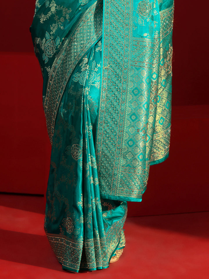 Libas Art Sea Green Woven Design Stone Work Satin Saree